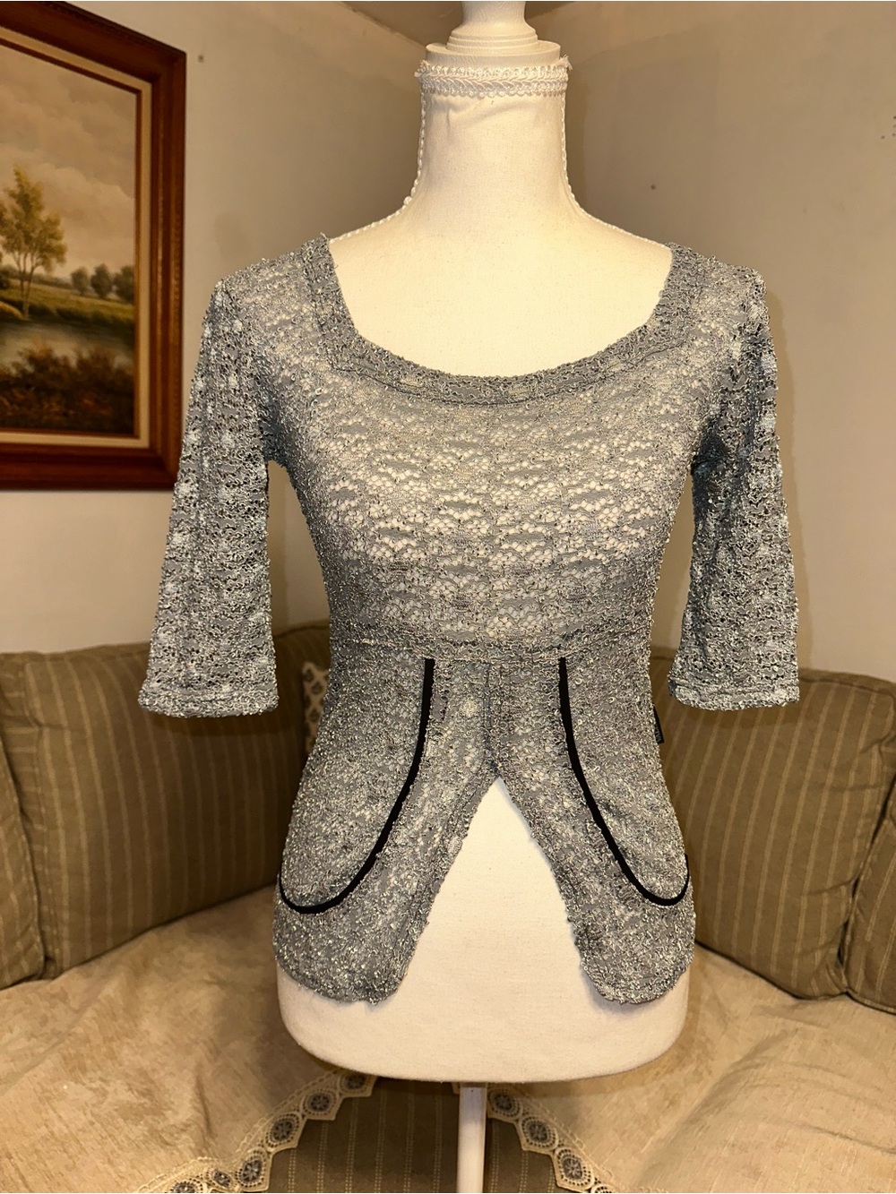 Silver Crochet Peplum Scoop Neck Blouse
